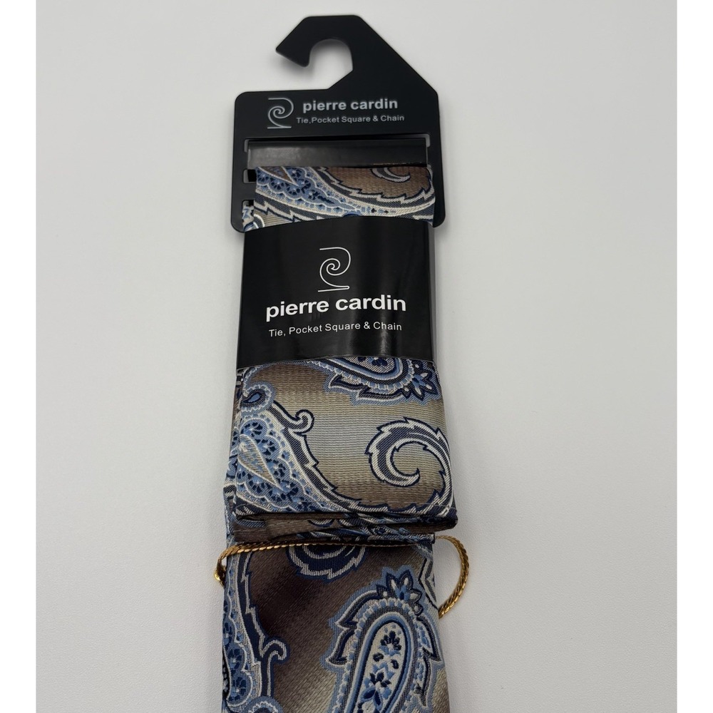 Pierre Cardin 3-Pc Mens Paisley Tie Pocket Square & Chain Set Brown NWT